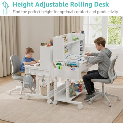 White Kids Desk with Hutch, Height Adjustable 32" Small Study Table, view 6