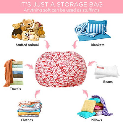 Stuffed Animal Bean Bag Storage Chair, Beanbag Covers Only for Organizing Plush Toys, Turns into Bean Bag Seat for Kids When Filled, Medium 32"-Canvas Pattern Heart