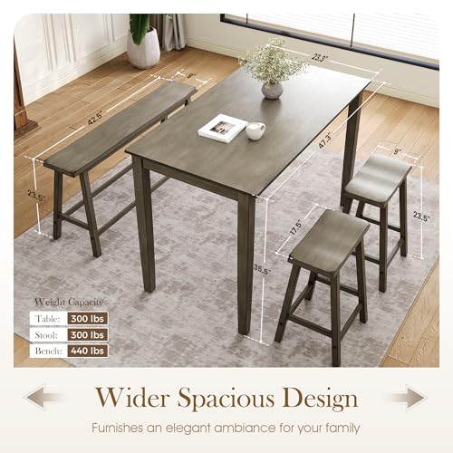 Dining Table Set for 4, Counter Height Table and Chairs, Kitchen Table Set with Bench and 2 Chairs, Small Breakfast Bar Dining Set, Smoky Brown
