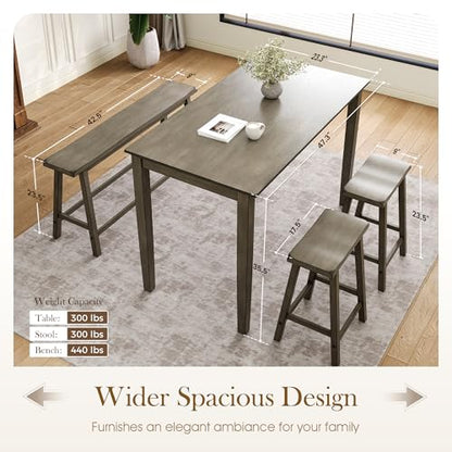 Dining Table Set for 4, Counter Height Table and Chairs, Kitchen Table Set with Bench and 2 Chairs, Small Breakfast Bar Dining Set, Smoky Brown