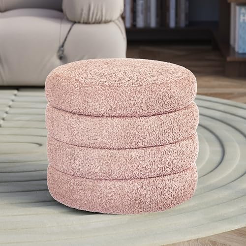 Storage Ottoman, Round Ottoman with Storage, Vanity Stool Foot Rest with Removable Lid, Round Boucle Upholstered for Living Room Pouf Footstool (Pink)