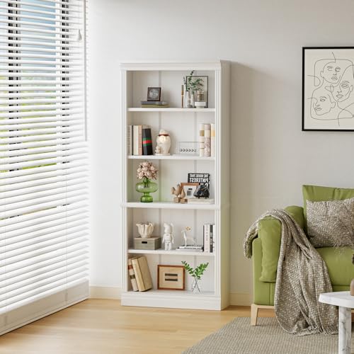 72" Bookcase and Bookshelf, 5-Tier Wood Bookcases with Shelves, Tall Floor Standing Book Shelf Storage Cabinet Home Decor Furniture for Living Room, Home Office 1 Pcs, White