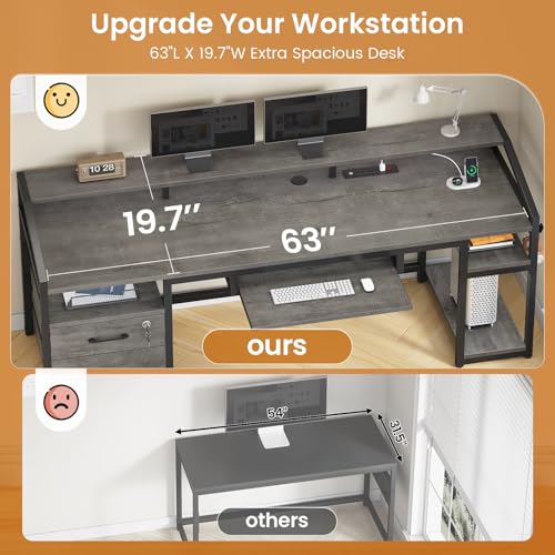 63" Computer Desk, Office Desk with Lockable Drawers for Legal/Letter File, Gaming Desk with LED Lights & Power Outlet, Home Office Desks with Storage, Grey