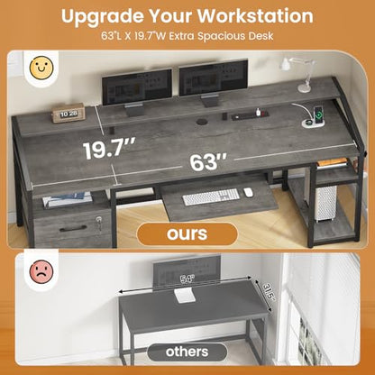 63" Computer Desk, Office Desk with Lockable Drawers for Legal/Letter File, Gaming Desk with LED Lights & Power Outlet, Home Office Desks with Storage, Grey