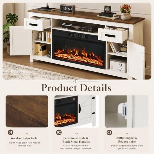 Fireplace TV Stand with Barn Door, 70 inch, White, view 6