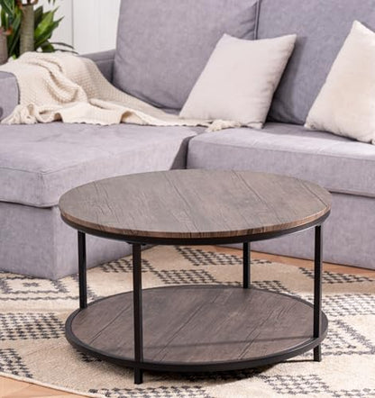 Round Coffee Table, 30" Rustic Coffee Table,Cocktaile Table with 2-Tier Wooden Storage Shelf, Modern Living Room Furniture, Brown
