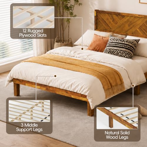 62" Queen Bed Frame with Headboard, Wood Platform Bed Frame Queen Size, view 8