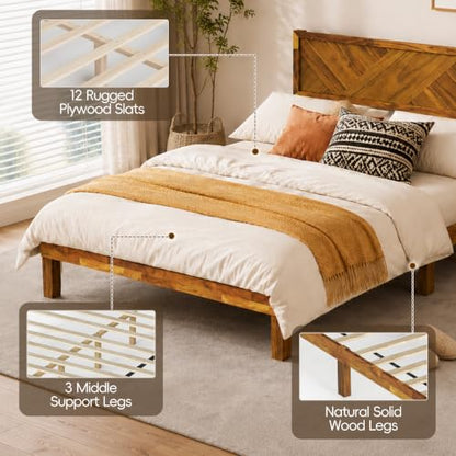 62" Queen Bed Frame with Headboard, Wood Platform Bed Frame Queen Size, view 8