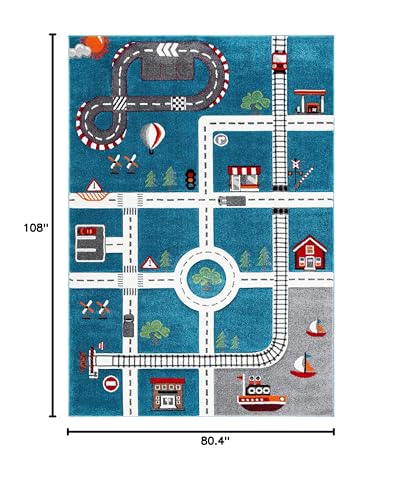 SAFAVIEH Carousel Kids Collection Area Rug - 6'7" x 9', Turquoise & Ivory, Non-Shedding & Easy Care, Ideal for High Traffic Areas for Boys & Girls in Playroom, Nursery, Bedroom (CRK192K)