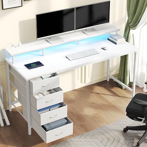 47 Inch Computer Desk with 4 Drawers,4 Drawer Gaming Desk with Power Outlets and LED Lights,Office Desk for Small Spaces with Monitor Shelf,Writing Desk for Home Office,Bedroom, Study,White