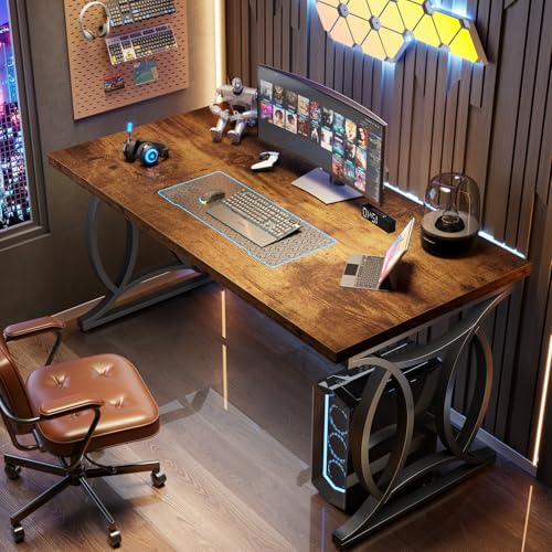 Rustic Home Office Desk, 55 Inch Metal Wood Computer Desk, Simple Industrial Study Executive Desk for Work Writing, Modern Student Gaming Computer PC Table Bedroom, Rustic Brown
