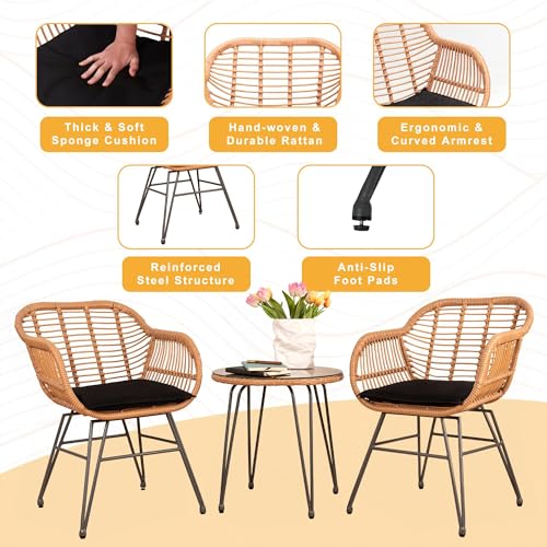 3 Piece Outdoor Wicker Furniture Patio Bistro Set, Balcony Furniture Rattan Conversation Sets, Outdoor Patio Chairs Set for Porch Poolside Garden, Black
