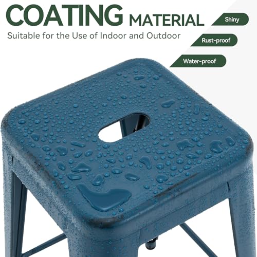 24 Inch Metal Bar Stools, Backless Counter Height Barstools, Indoor Outdoor Stackable Stools with Square Seat, Set of 2 (Distressed Deep Blue)