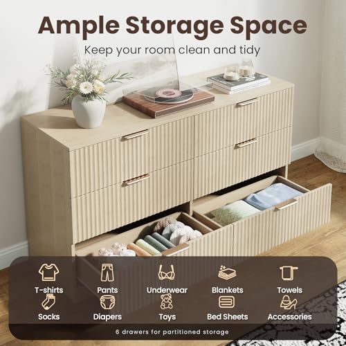 Modern Fluted 6 Drawer Dresser, Wide Wooden Storage Cabinet with Metal Handles, view 5