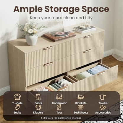 Modern Fluted 6 Drawer Dresser, Wide Wooden Storage Cabinet with Metal Handles, view 5