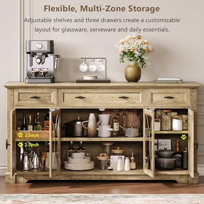 64" Farmhouse Sideboard Cabinet with 3 Drawers and 4 Doors, view 6