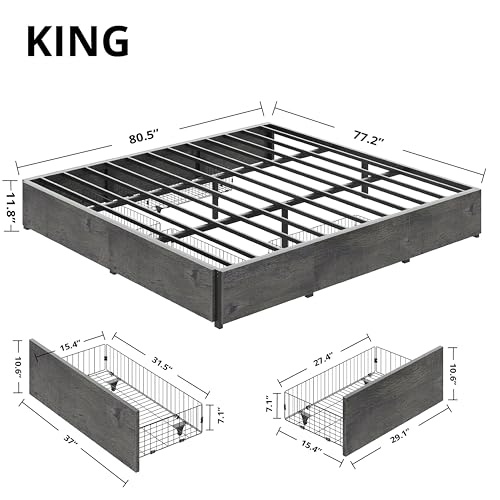 King Bed Frame with 4 Storage Drawers, Charcoal Grey, view 3
