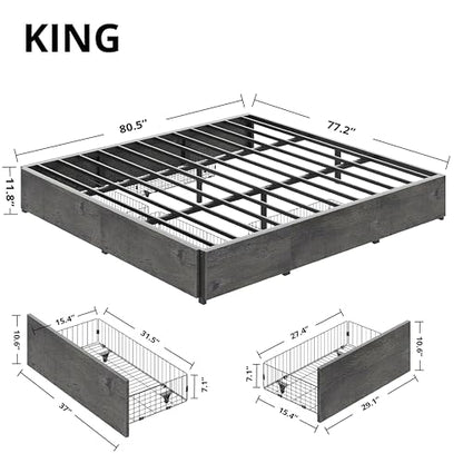 King Bed Frame with 4 Storage Drawers, Charcoal Grey, view 3