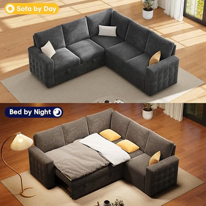 86" Sectional Sleeper Sofa Bed, 5 Seat Pull Out Couch with Storage, Gray | L Shaped Sectional Couches for Living Room, Apartment and Guest Room, Chenille Upholstered Sectional Couch
