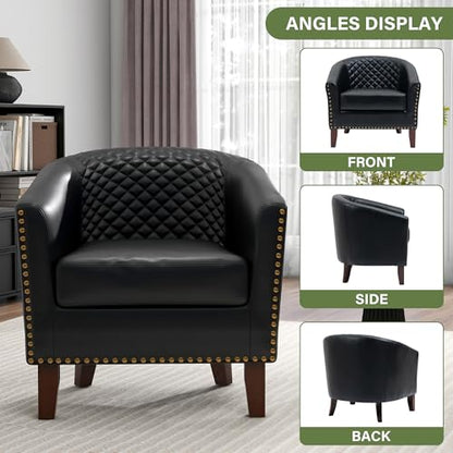 Faux Leather Barrel Accent Chairs Set of 2, Modern Club Upholstered Arm Chair, Comfy Armchair Nailed Trim Living Room Single Sofa Reading Seat Bedroom Side Sitting for Office, Black