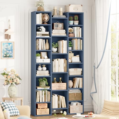 71'' Tall Bookshelf with 21 Cubes, 8 Tier Triple Wide Bookshelf with 8 Adjustable Shelves, 35" Large Bookcase DVD/CD Media Tower Storage, Freestanding Display Shelf Cabinet, Blue