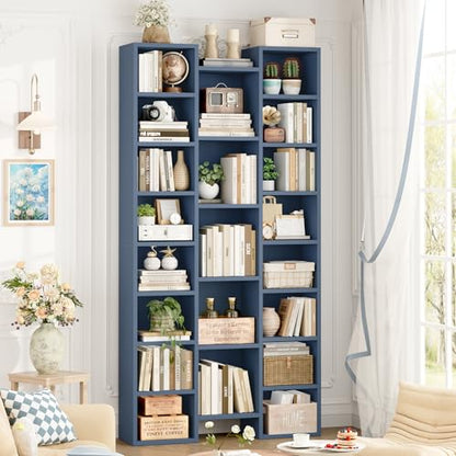 71'' Tall Bookshelf with 21 Cubes, 8 Tier Triple Wide Bookshelf with 8 Adjustable Shelves, 35" Large Bookcase DVD/CD Media Tower Storage, Freestanding Display Shelf Cabinet, Blue