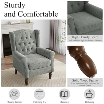 Mid-Century Modern Wingback Accent Chair - Plush Upholstered Armchair with Solid Oak Legs, Ergonomic High Back Design for Living Room, Bedroom Home Office - Stylish Retro Reading Lounge Chair, Gray