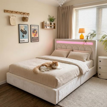 Beige Velvet Bed Frame with Storage and LED Lights, view 6