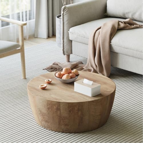 Wooden Coffee Table Modern Coffee Table Rustic Center Table with Metal Leg for Living Room Reception Room Office (Wood, Round)