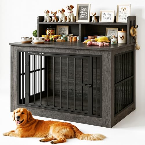 43.3" Extra Large Dog Crate Furniture with Storage Shelf | 1.0mm iron rods. Storage shelf and 4 hooks. 200 lb tabletop. 30"L x 43.3"W x 41.1"H indoor large crate