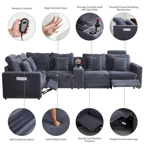 Oversized Modular Sectional Sofa with 2 Power Recliner, 5-Seater L-Shaped Corduroy Reclining Couch with Storage Console Charging Cup Holders, Fluffy Reclining Couches for Living Room,Grey