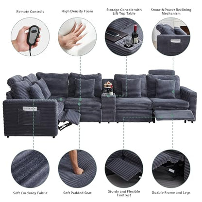 Oversized Modular Sectional Sofa with 2 Power Recliner, 5-Seater L-Shaped Corduroy Reclining Couch with Storage Console Charging Cup Holders, Fluffy Reclining Couches for Living Room,Grey