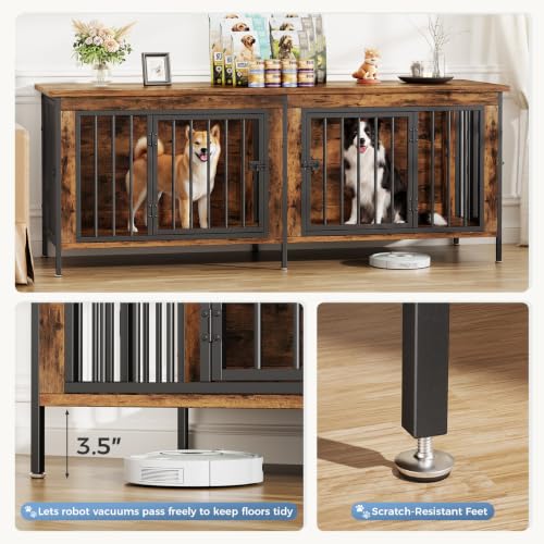63" Dog Crate Furniture for 2 Dogs with Divider, Rustic Brown, view 5