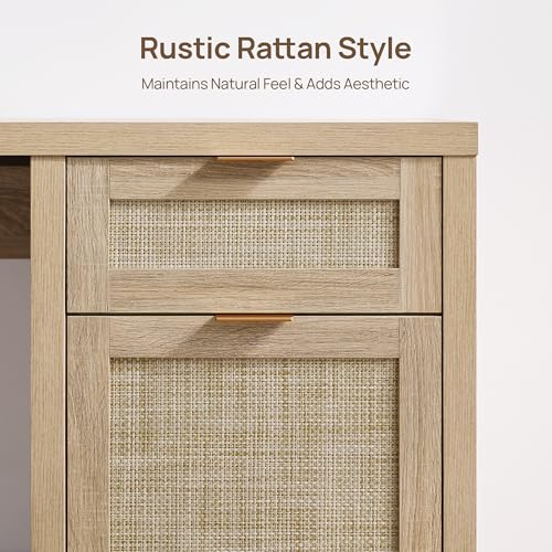 Rattan Home Office Desk with Drawer, 59" Farmhouse Boho Executive Desk with Storage Cabinet, Large Computer Writing Table Vanity Desk for Office, Study, Living Room, Light Oak