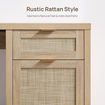 Rattan Home Office Desk with Drawer, 59" Farmhouse Boho Executive Desk with Storage Cabinet, Large Computer Writing Table Vanity Desk for Office, Study, Living Room, Light Oak