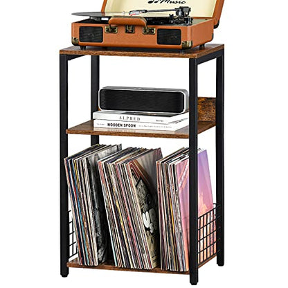 3 Tier End Table, Record Player Stand with Storage Up to 100 Albums, view 2