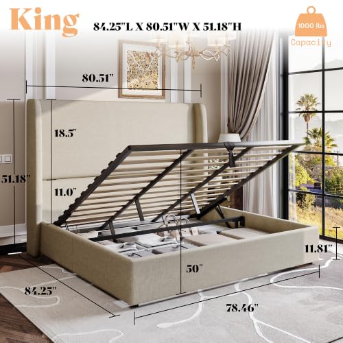 King Lift Up Storage Bed Frame Linen Wingback Headboard, Khaki, view 3