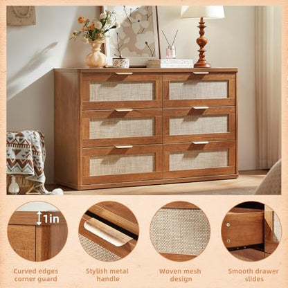 Rattan 6 Drawer Dresser for Bedroom, Boho 48" Wide Wooden Dark Dresser Chest of Drawers, Dressers TV Stand with Metal Handle, Storage Dressers Closet Organizer for Living Room, Hallway