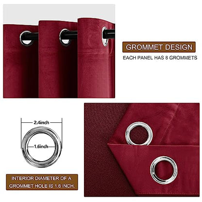 Wine Red Blackout Velvet Curtains Tieable Grommet Thermal Insulated Christmas Holiday Decorative Backdrops for Living Room Party Decor, W52 x L63 inch Long, 2 PCs