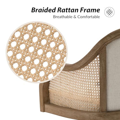 Rattan Desk Chair, Wooden Upholstered Home Office Chair, Ivory, view 4