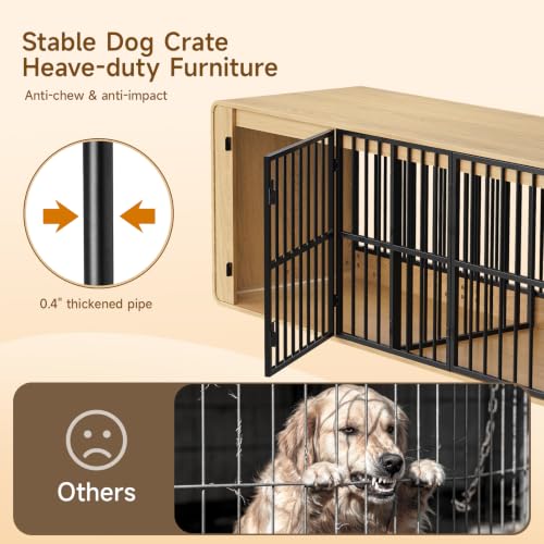 74" Double Dog Crate Furniture TV Stand for Large Dogs, Natural Oak, view 6