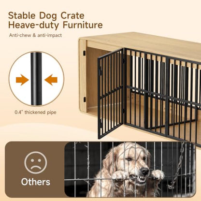 74" Double Dog Crate Furniture TV Stand for Large Dogs, Natural Oak, view 6