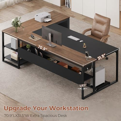 71" Executive Desk, L Shaped Office Desk with Widen File Drawers, view 5