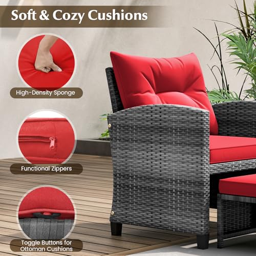 5 Pieces Patio Furniture Set with Ottomans, Wicker Patio Conversation Set with Coffee Table & Cushions, PE Rattan Outdoor Lounge Chairs for Backyard, Porch, Poolside (Mix Grey- Red)