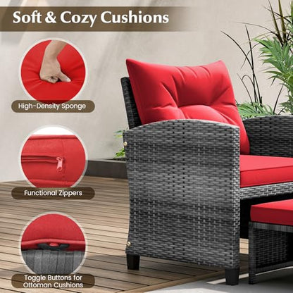 5 Pieces Patio Furniture Set with Ottomans, Wicker Patio Conversation Set with Coffee Table & Cushions, PE Rattan Outdoor Lounge Chairs for Backyard, Porch, Poolside (Mix Grey- Red)
