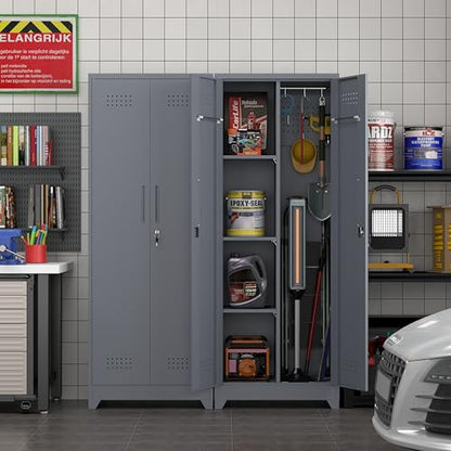 65" H Metal Garage Storage Cabinet,Broom Closet Storage Cabinet with Adjust Shelves,Utility Cabinet,Utility Closet for Garage,Gray