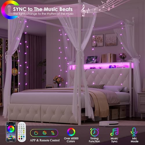 Full Size LED Canopy Bed Frame with Storage & Charging Station, Beige, view 5