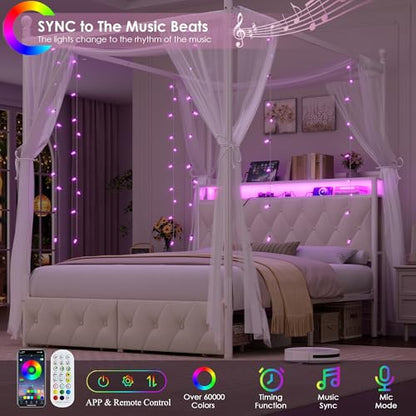 Full Size LED Canopy Bed Frame with Storage & Charging Station, Beige, view 5
