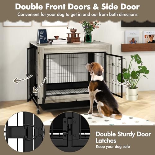 Dog Crate Furniture with Wheels, 38" Modern Dog Cage with 3 Doors, Flip Top Lid, view 5
