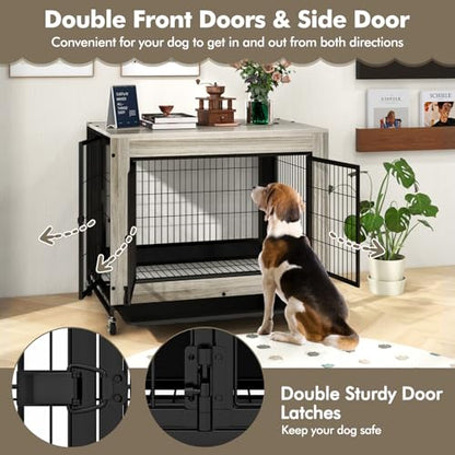 Dog Crate Furniture with Wheels, 38" Modern Dog Cage with 3 Doors, Flip Top Lid, view 5